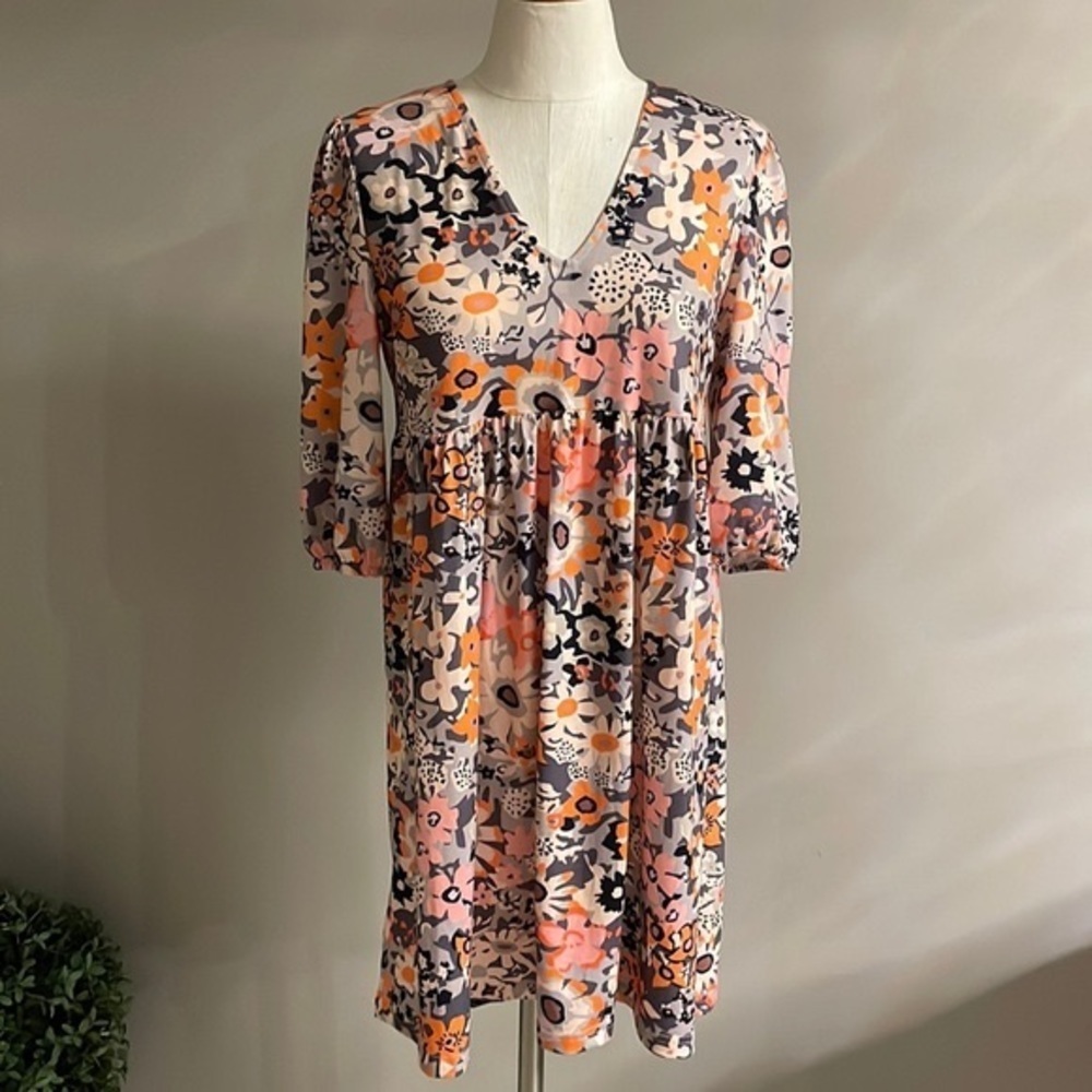 Women’s oversized FLORAL empire gather waist mini dress half sleeve stretch Sm